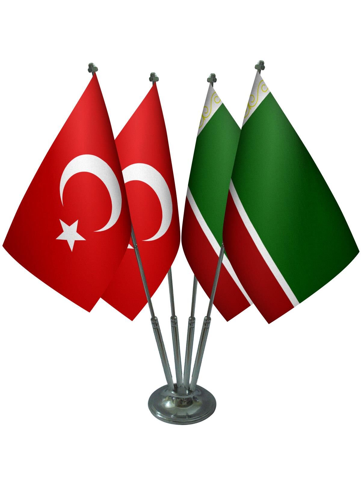 Masa Üstü Çeçenistan Bayrağı Türk Bayrağı Dörtlü Krom Direk Masa Bayrak Seti