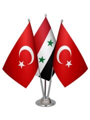 Masa Üstü Suriye Bayrağı Türk Bayrağı Üçlü Krom Direk Masa Bayrak Seti