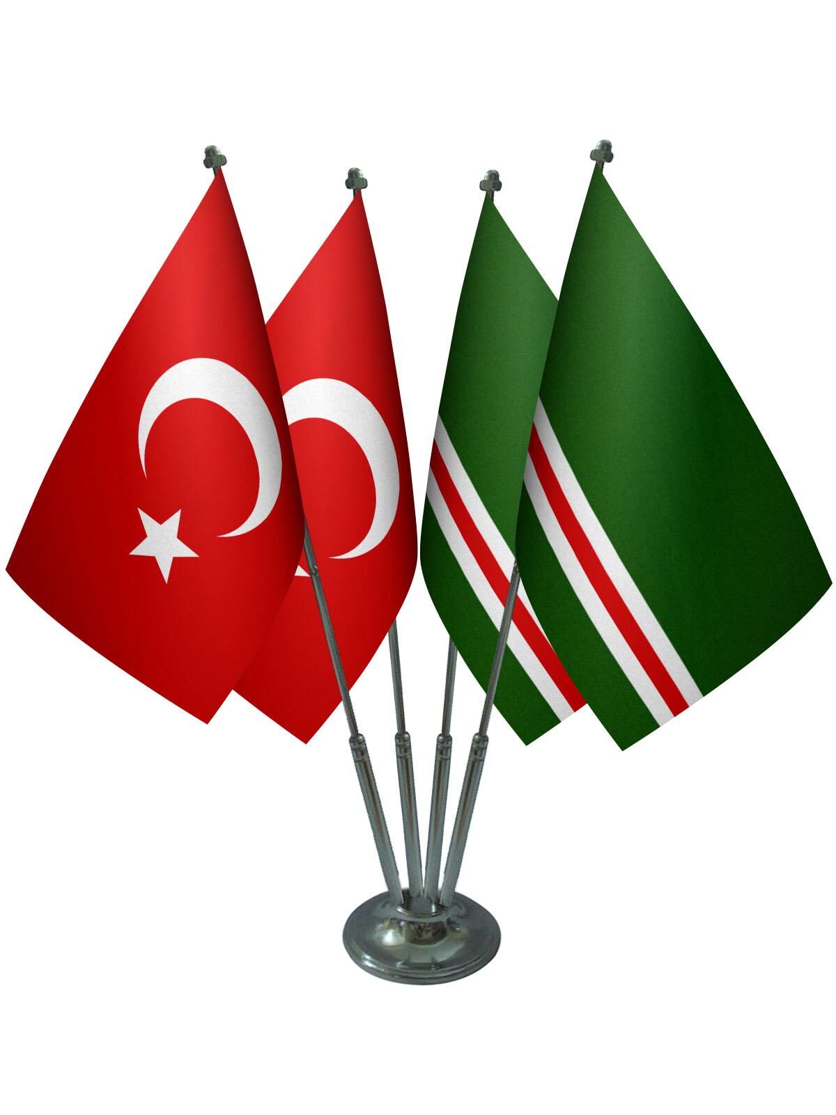 Masa Üstü İçkerya Çeçen Bayrağı Türk Bayrağı Dörtlü Krom Direk Masa Bayrak Seti