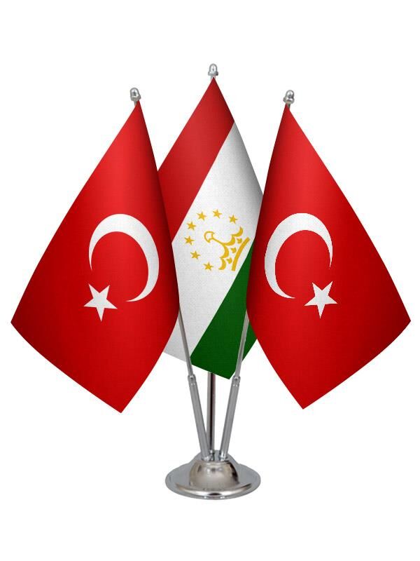 Masa Üstü Tacikistan Bayrağı Türk Bayrağı Üçlü Krom Direk Masa Bayrak Seti