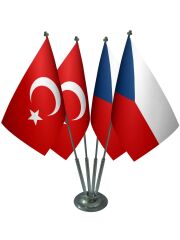 Masa Üstü Çek Cumhuriyeti Bayrağı Türk Bayrağı Dörtlü Krom Direk Masa Bayrak Seti