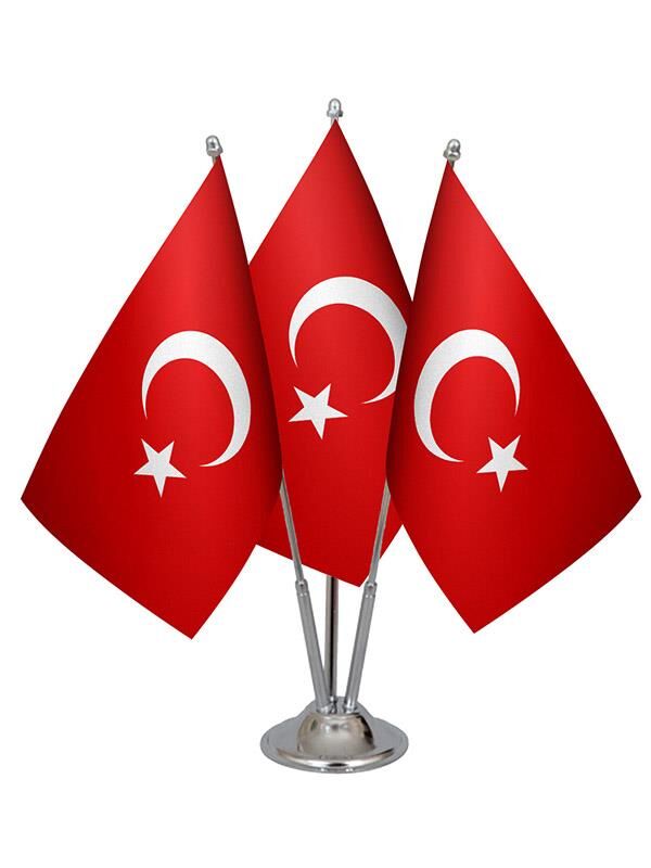 Masa Üstü Üçlü Türkiye Cumhuriyeti Bayrağı Üçlü Krom Direk Masa Bayrak Seti