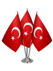 Masa Üstü Üçlü Türkiye Cumhuriyeti Bayrağı Üçlü Krom Direk Masa Bayrak Seti