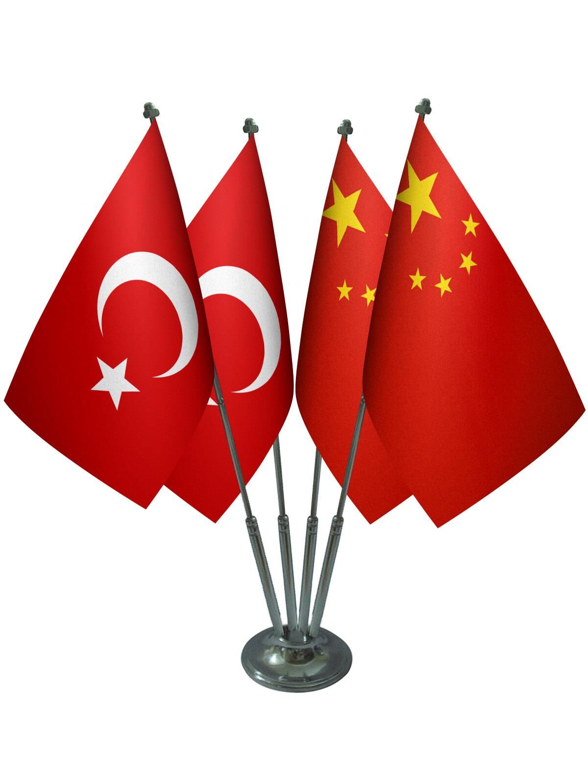 Masa Üstü Çin Bayrağı Türk Bayrağı Dörtlü Krom Direk Masa Bayrak Seti