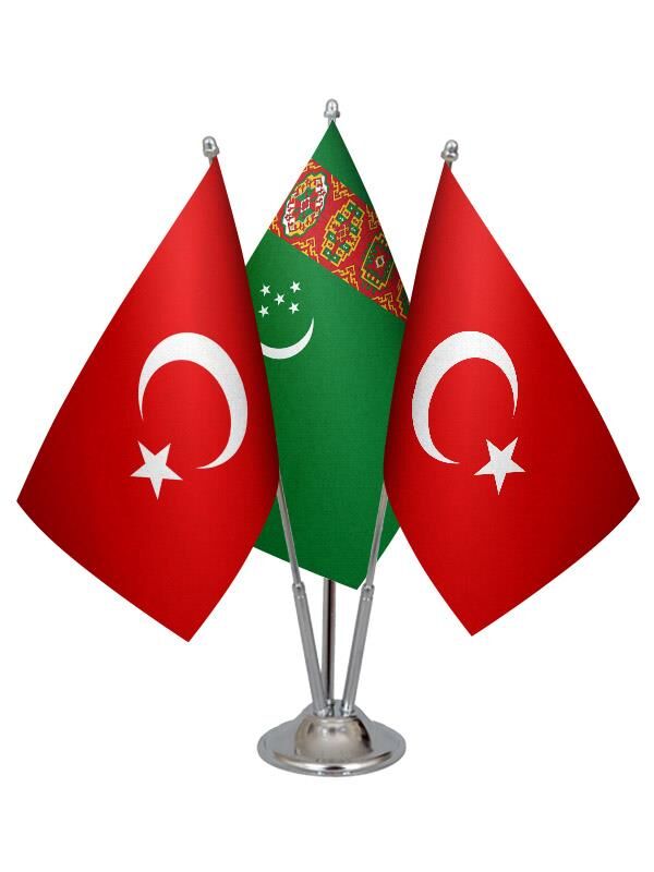 Masa Üstü Türkmenistan Bayrağı Türk Bayrağı Üçlü Krom Direk Masa Bayrak Seti