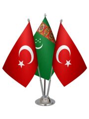 Masa Üstü Türkmenistan Bayrağı Türk Bayrağı Üçlü Krom Direk Masa Bayrak Seti