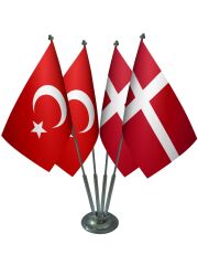 Masa Üstü Danimarka Bayrağı Türk Bayrağı Dörtlü Krom Direk Masa Bayrak Seti