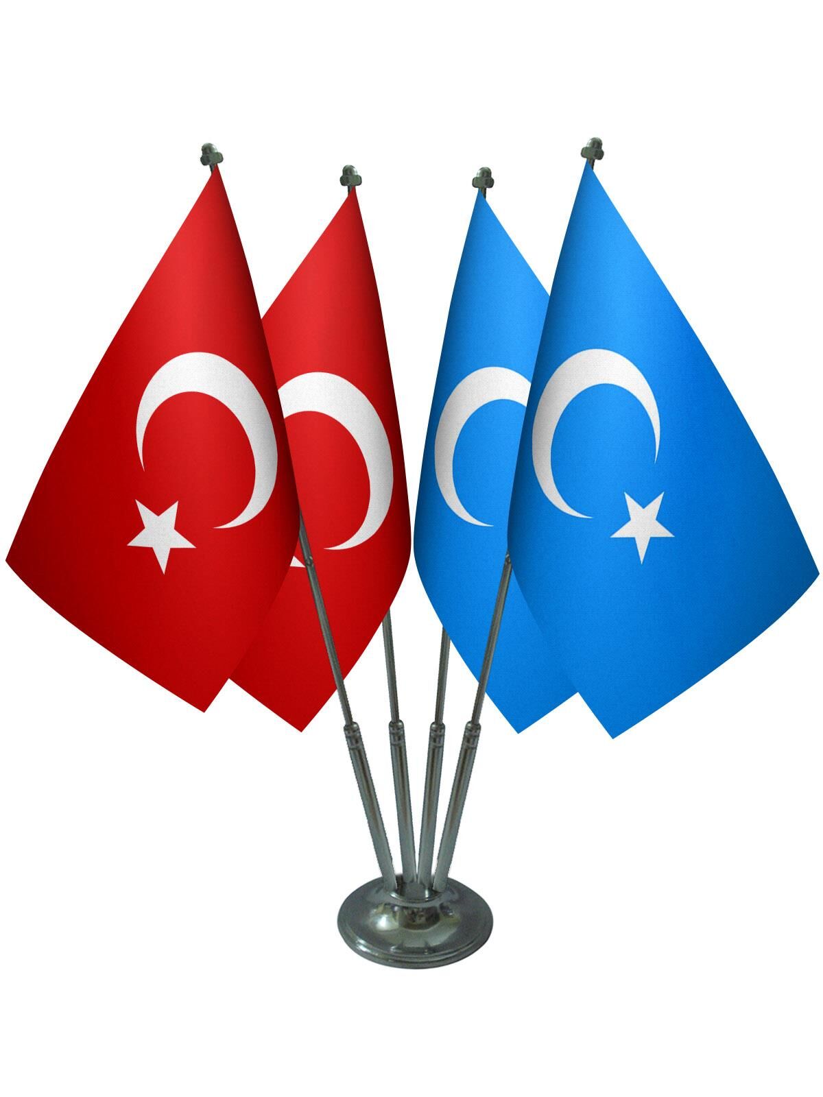 Masa Üstü Doğu Türkistan Bayrağı Türk Bayrağı Dörtlü Krom Direk Masa Bayrak Seti