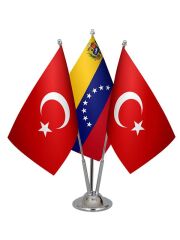 Masa Üstü Venezuella Bayrağı Türk Bayrağı Üçlü Krom Direk Masa Bayrak Seti