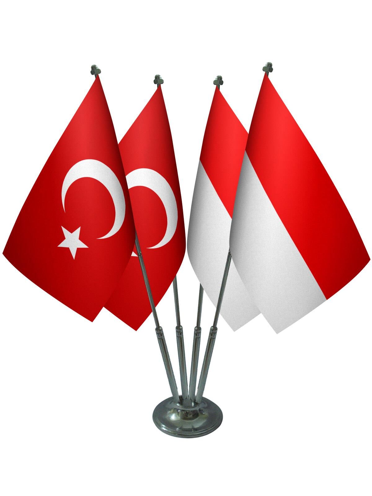 Masa Üstü Endonezya Bayrağı Türk Bayrağı Dörtlü Krom Direk Masa Bayrak Seti