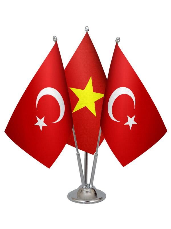 Masa Üstü Vietnam Bayrağı Türk Bayrağı Üçlü Krom Direk Masa Bayrak Seti