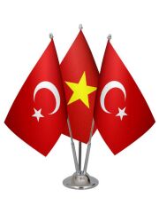 Masa Üstü Vietnam Bayrağı Türk Bayrağı Üçlü Krom Direk Masa Bayrak Seti