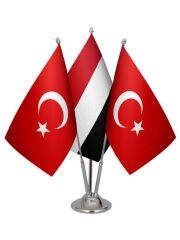 Masa Üstü Yemen Bayrağı Türk Bayrağı Üçlü Krom Direk Masa Bayrak Seti
