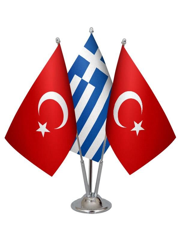 Masa Üstü Yunanistan Bayrağı Türk Bayrağı Üçlü Krom Direk Masa Bayrak Seti