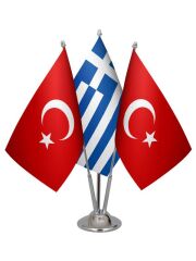 Masa Üstü Yunanistan Bayrağı Türk Bayrağı Üçlü Krom Direk Masa Bayrak Seti