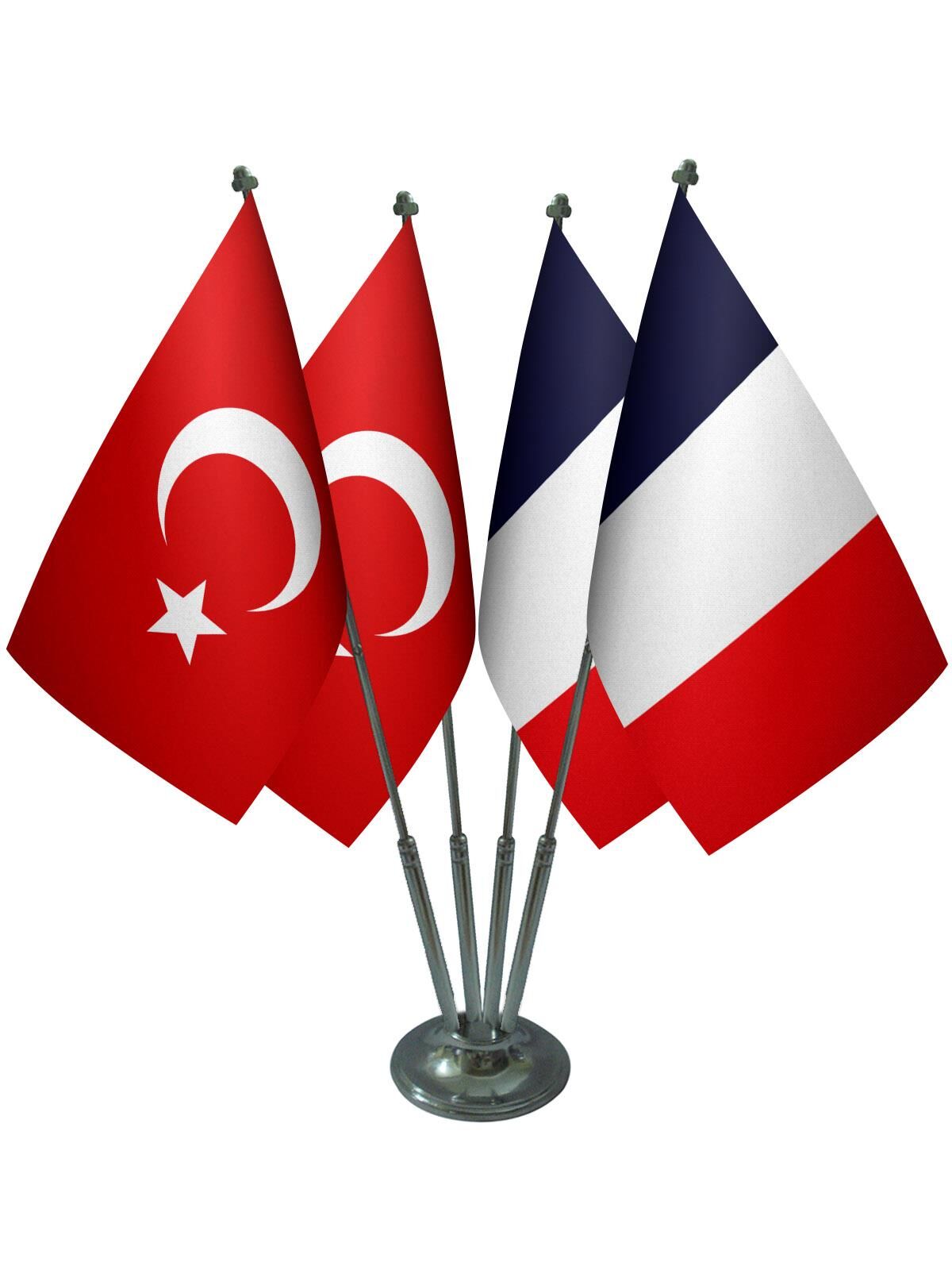 Masa Üstü Fransa Bayrağı Türk Bayrağı Dörtlü Krom Direk Masa Bayrak Seti
