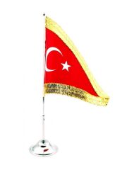 Masa Üstü Simli Türkiye Cumhuriyeti Bayrağı + Krom Direk Masa Bayrak Seti