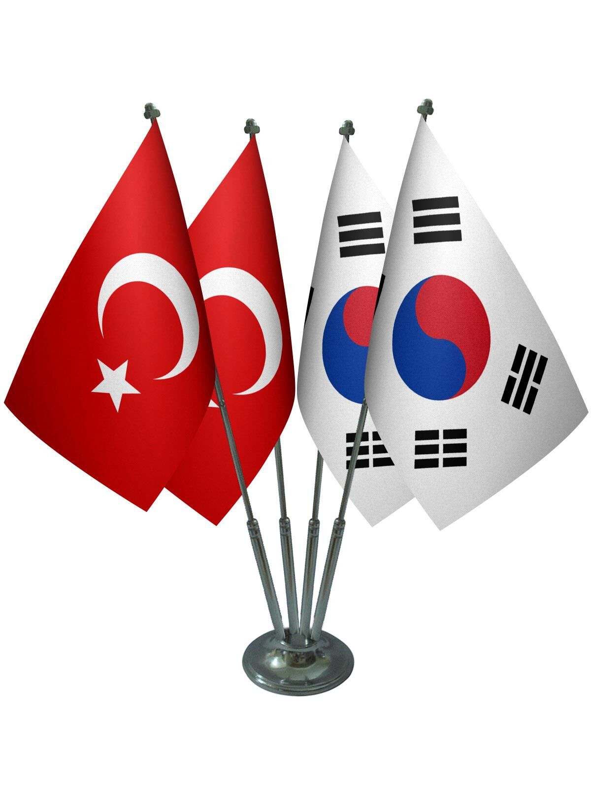 Masa Üstü Güney Kore Bayrağı Türk Bayrağı Dörtlü Krom Direk Masa Bayrak Seti