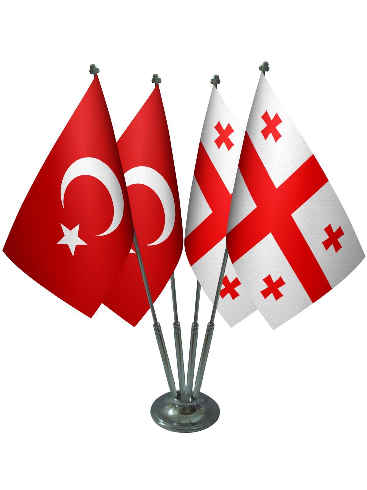 Masa Üstü Gürcistan Bayrağı Türk Bayrağı Dörtlü Krom Direk Masa Bayrak Seti