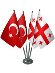 Masa Üstü Gürcistan Bayrağı Türk Bayrağı Dörtlü Krom Direk Masa Bayrak Seti