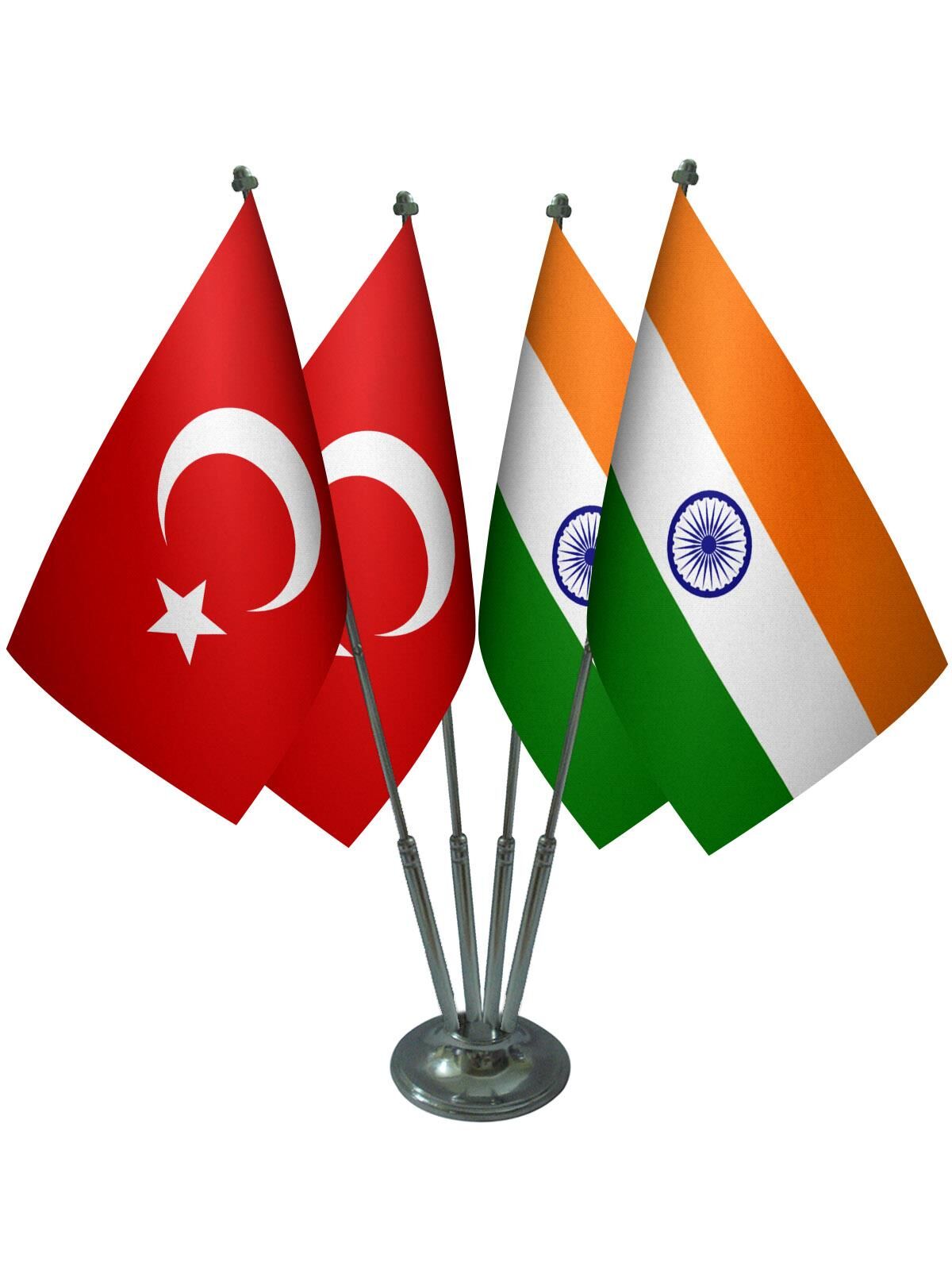 Masa Üstü Hindistan Bayrağı Türk Bayrağı Dörtlü Krom Direk Masa Bayrak Seti