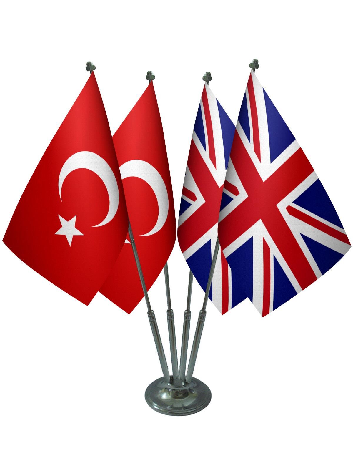 Masa Üstü İngiltere Bayrağı Türk Bayrağı Dörtlü Krom Direk Masa Bayrak Seti