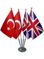 Masa Üstü İngiltere Bayrağı Türk Bayrağı Dörtlü Krom Direk Masa Bayrak Seti