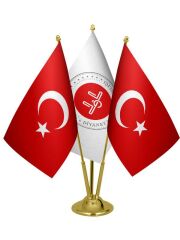 Masa Üstü Diyanet İşleri Bayrağı Türk Bayrağı Üçlü Pirinç Direk Masa Bayrak Seti