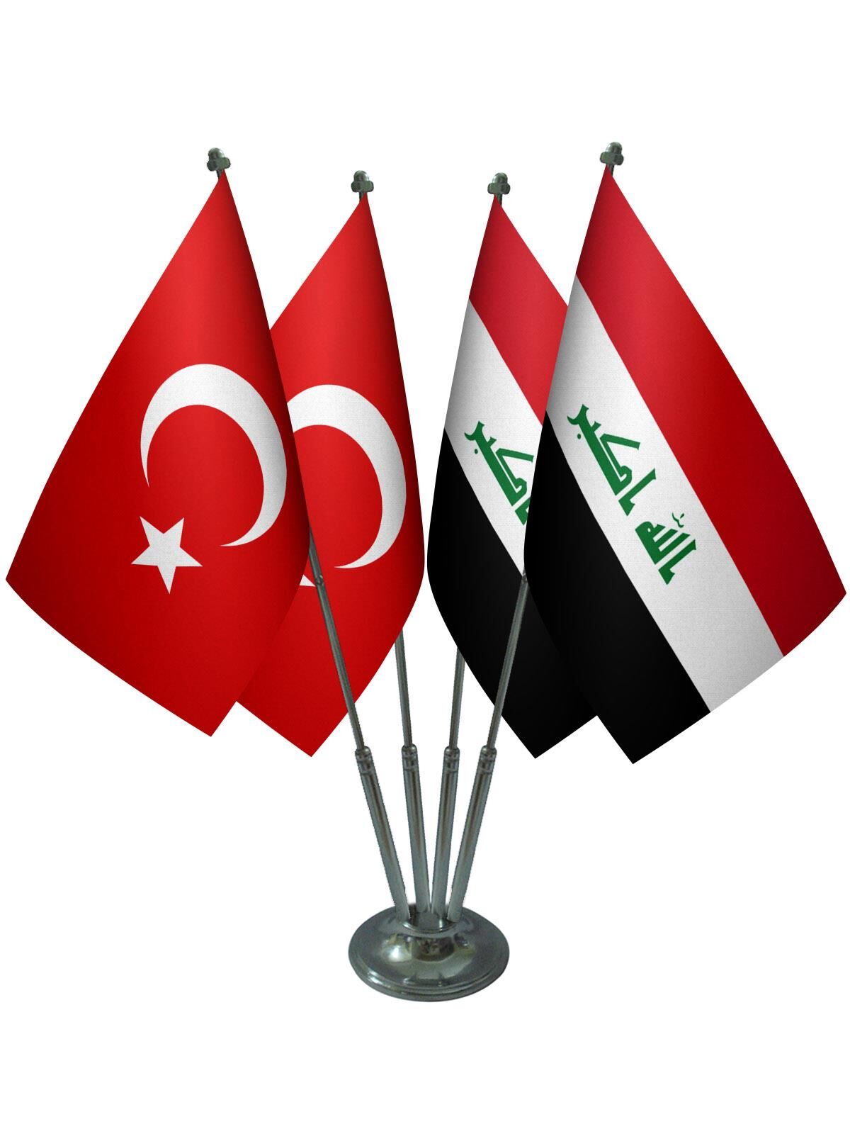 Masa Üstü Irak Bayrağı Türk Bayrağı Dörtlü Krom Direk Masa Bayrak Seti