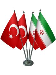 Masa Üstü İran Bayrağı Türk Bayrağı Dörtlü Krom Direk Masa Bayrak Seti