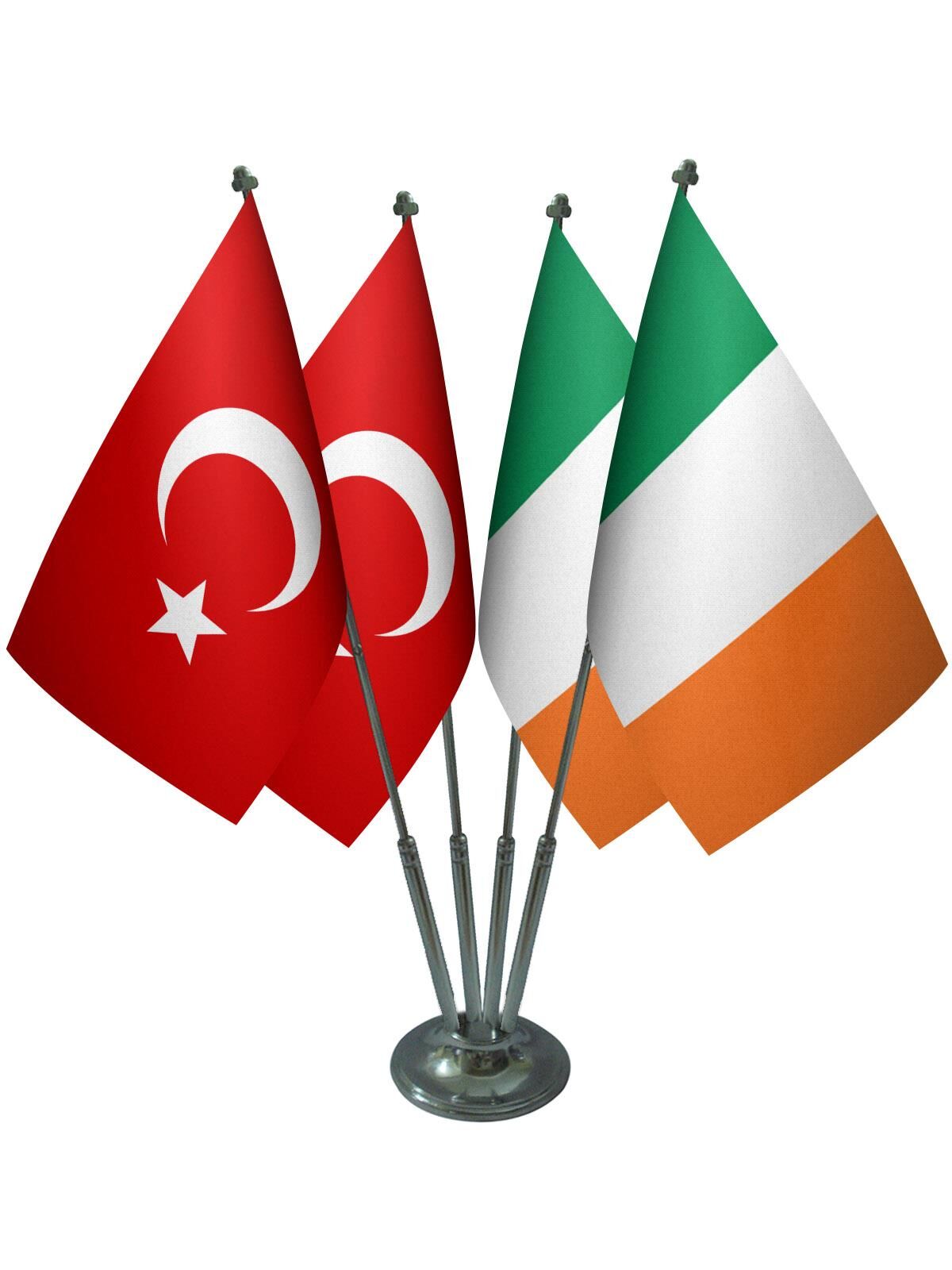 Masa Üstü İrlanda Bayrağı Türk Bayrağı Dörtlü Krom Direk Masa Bayrak Seti