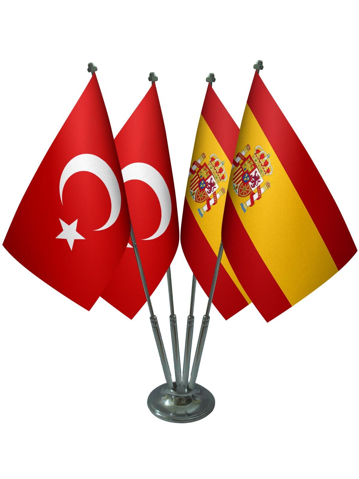 Masa Üstü İspanya Bayrağı Türk Bayrağı Dörtlü Krom Direk Masa Bayrak Seti