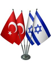 Masa Üstü İsrail Bayrağı Türk Bayrağı Dörtlü Krom Direk Masa Bayrak Seti