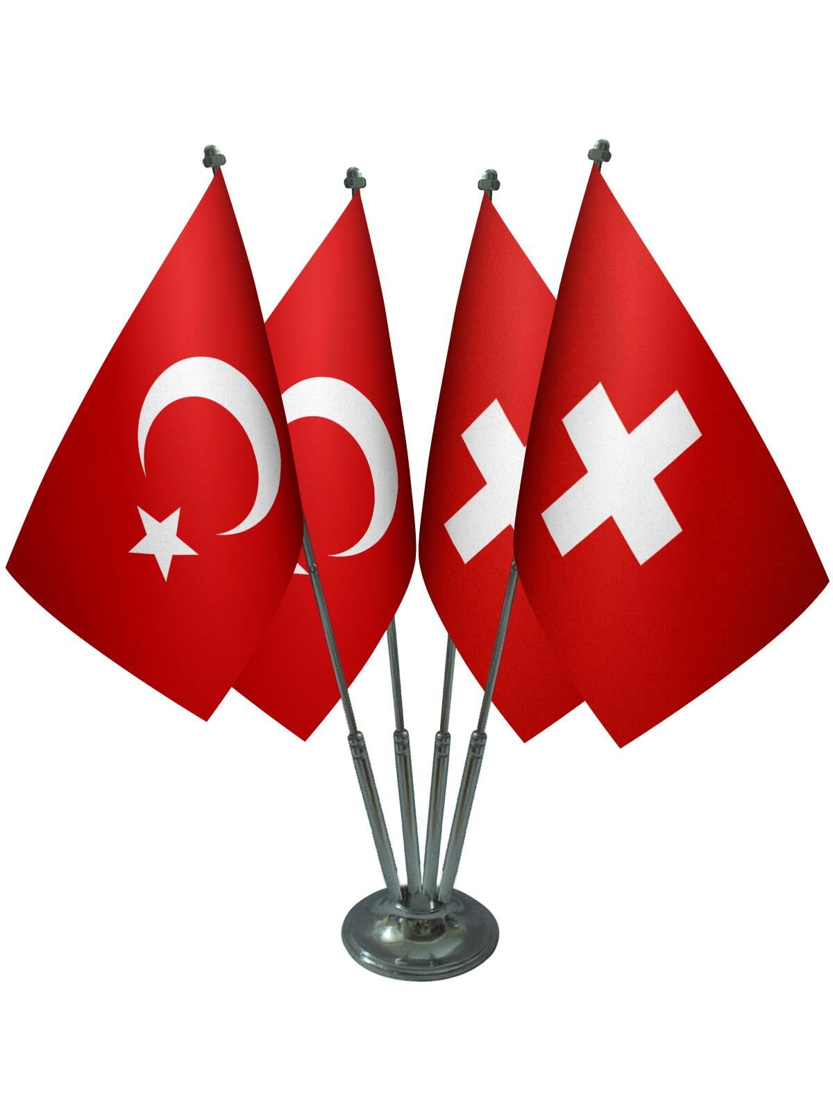 Masa Üstü İsviçre Bayrağı Türk Bayrağı Dörtlü Krom Direk Masa Bayrak Seti