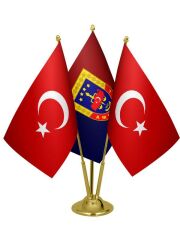 Masa Üstü Jandarma Bayrağı Türk Bayrağı Üçlü Pirinç Direk Masa Bayrak Seti