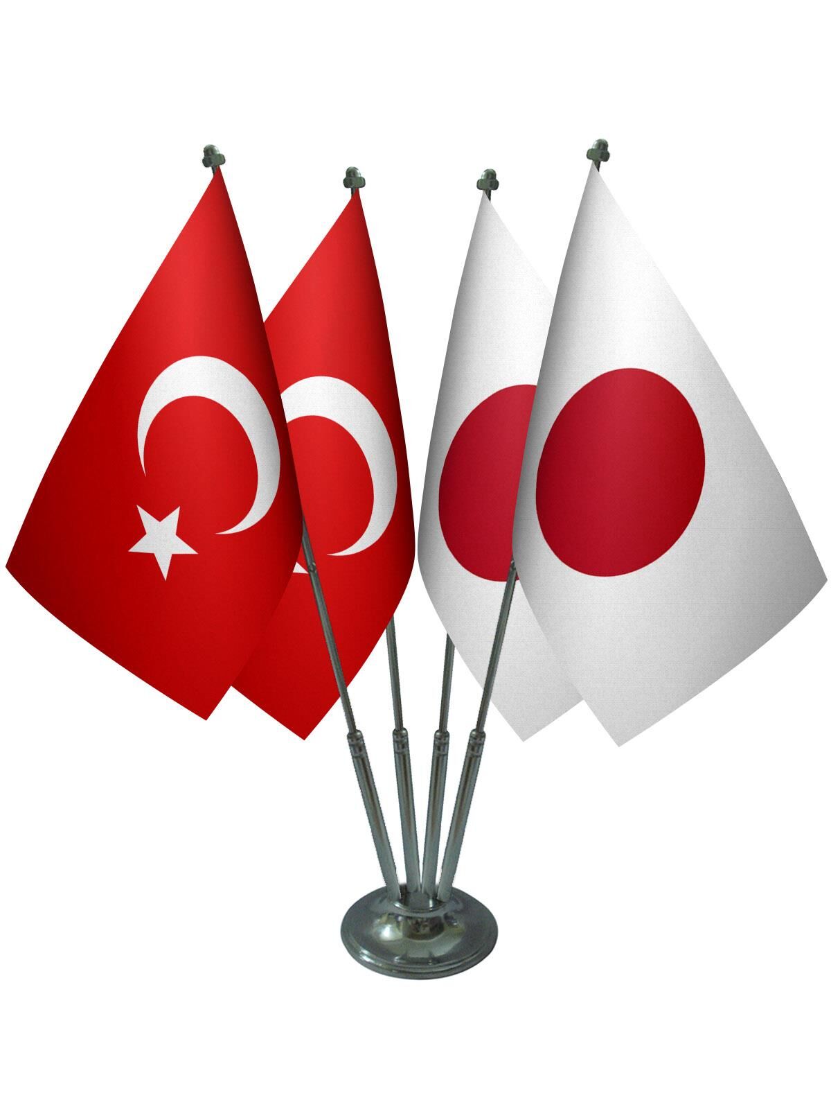 Masa Üstü Japonya Bayrağı Türk Bayrağı Dörtlü Krom Direk Masa Bayrak Seti