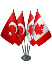 Masa Üstü Kanada Bayrağı Türk Bayrağı Dörtlü Krom Direk Masa Bayrak Seti