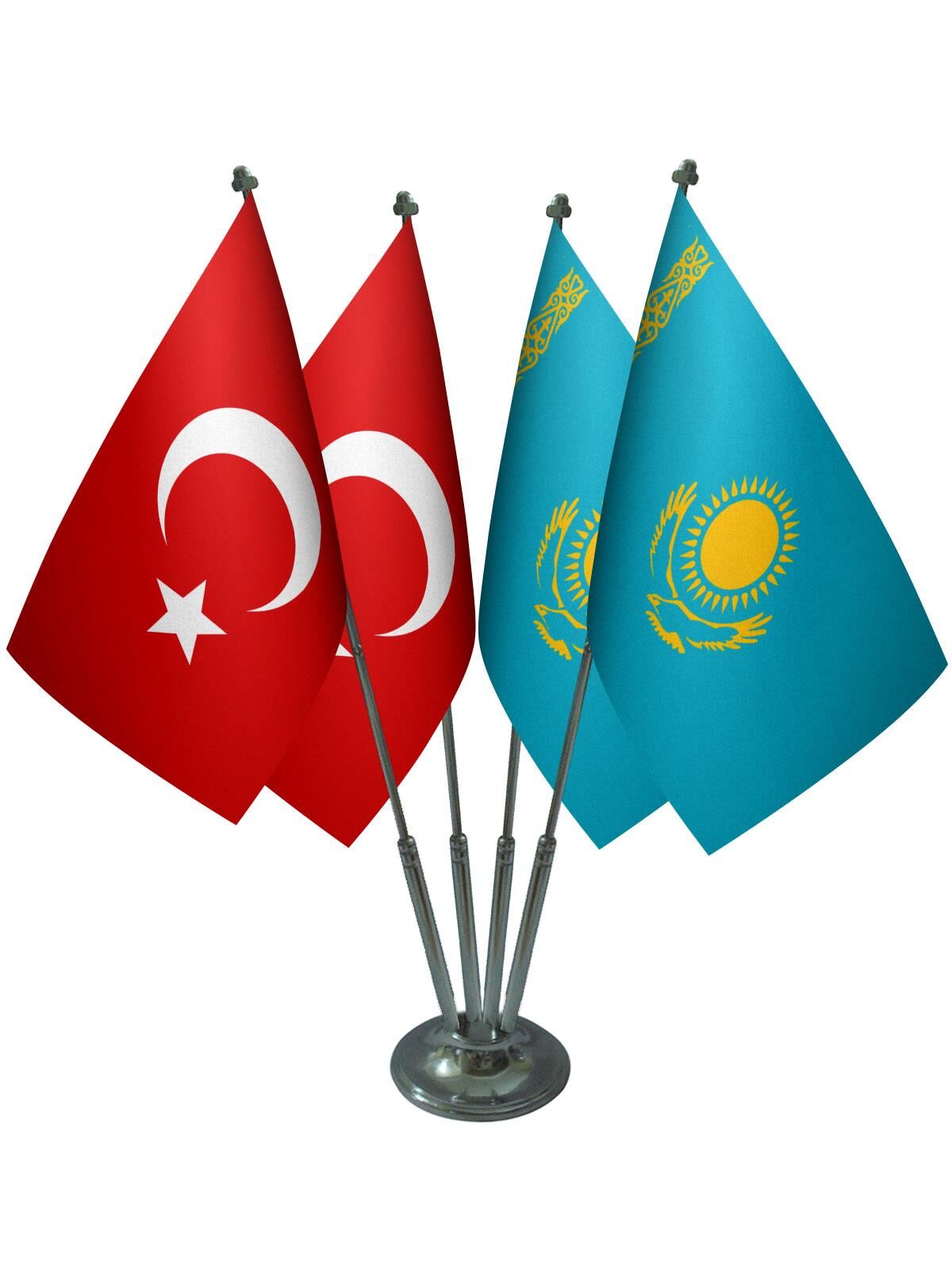 Masa Üstü Kazakistan Bayrağı Türk Bayrağı Dörtlü Krom Direk Masa Bayrak Seti