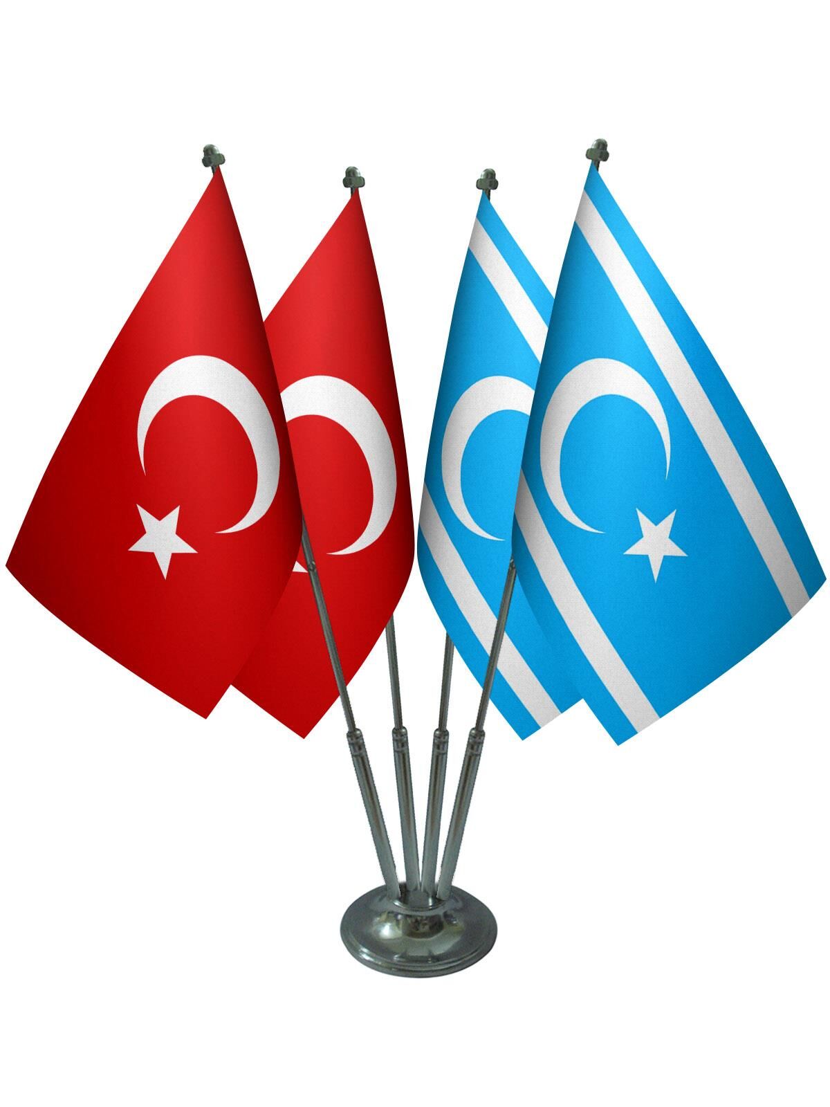 Masa Üstü Kerkük Türkmeneli Bayrağı Türk Bayrağı Dörtlü Krom Direk Masa Bayrak Seti