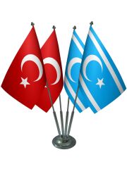 Masa Üstü Kerkük Türkmeneli Bayrağı Türk Bayrağı Dörtlü Krom Direk Masa Bayrak Seti