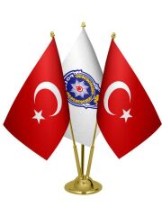 Masa Üstü Polis Logosu Bayrağı Türk Bayrağı Üçlü Pirinç Direk Masa Bayrak Seti