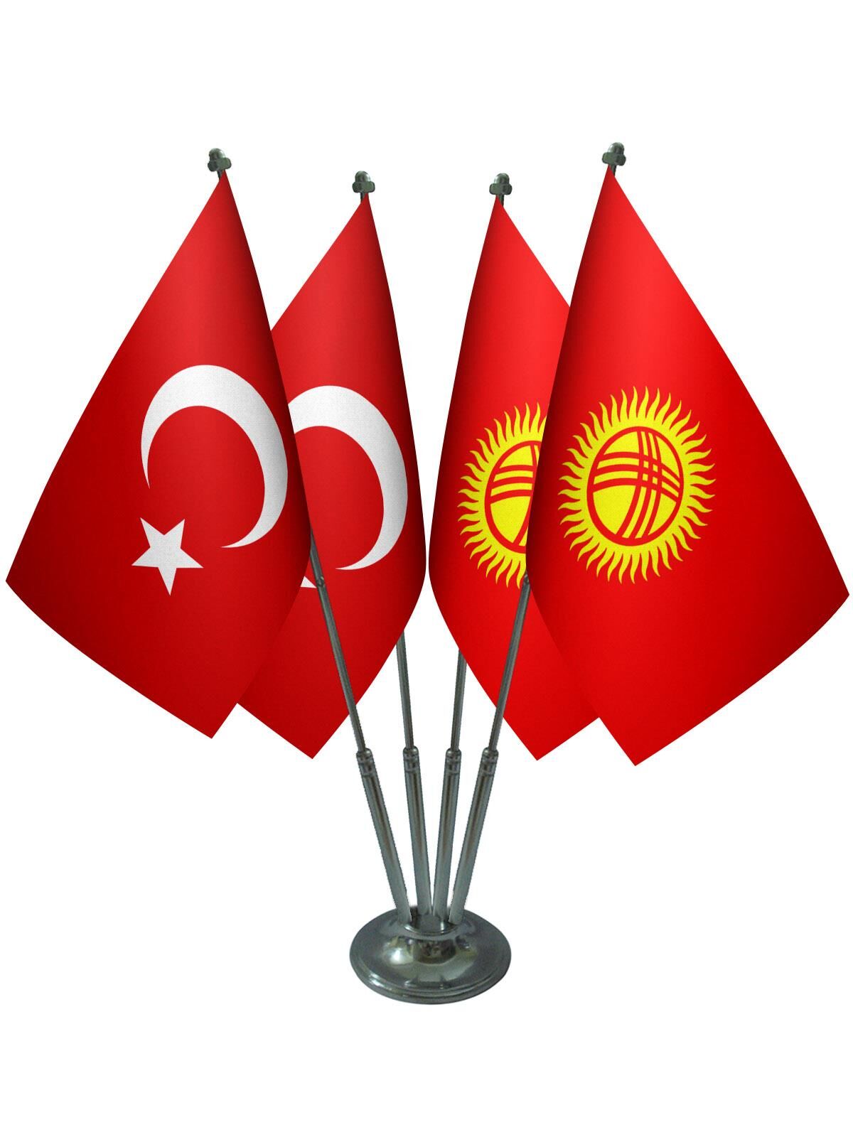 Masa Üstü Kırgızistan Bayrağı Türk Bayrağı Dörtlü Krom Direk Masa Bayrak Seti