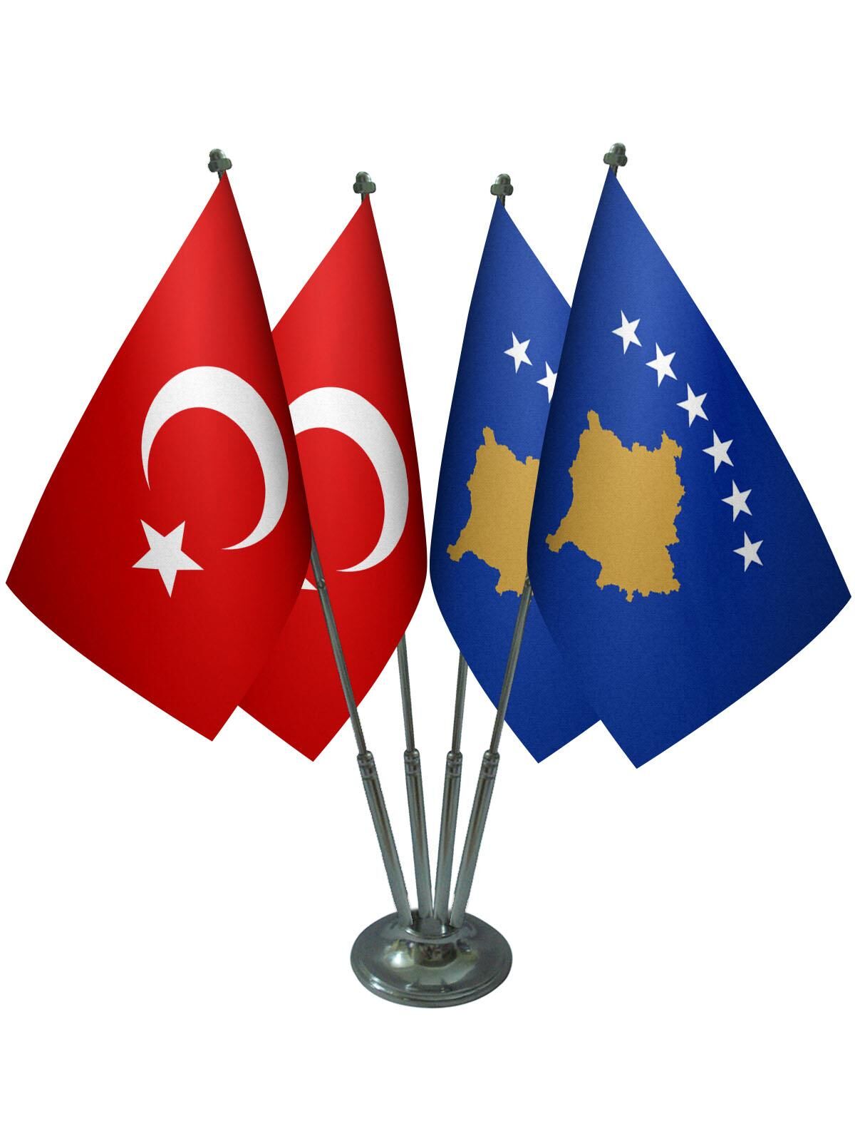 Masa Üstü Kosova Bayrağı Türk Bayrağı Dörtlü Krom Direk Masa Bayrak Seti