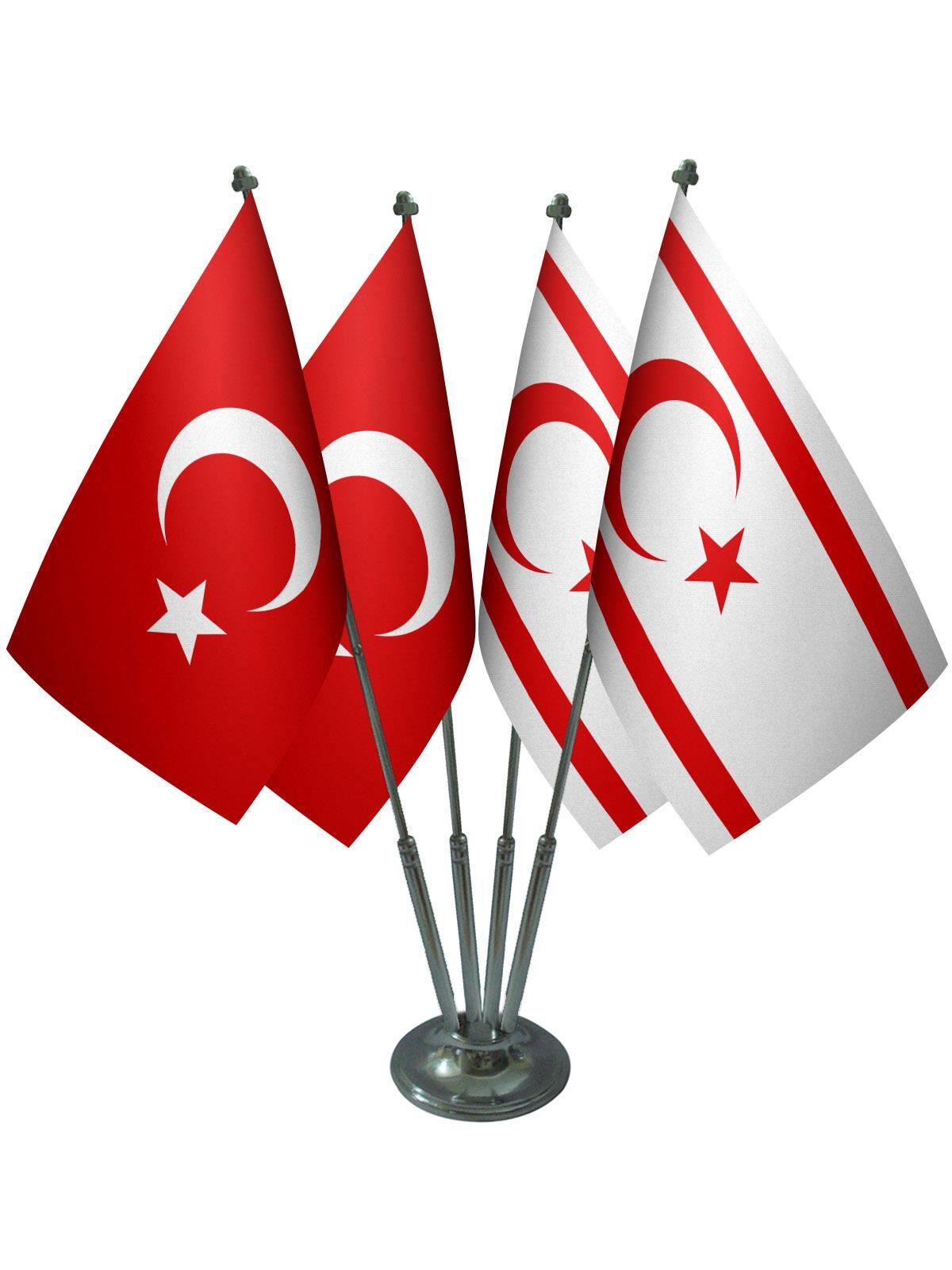 Masa Üstü KKTC Kuzey Kıbrıs Bayrağı Türk Bayrağı Dörtlü Krom Direk Masa Bayrak Seti