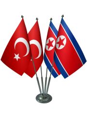Masa Üstü Kuzey Kore Bayrağı Türk Bayrağı Dörtlü Krom Direk Masa Bayrak Seti