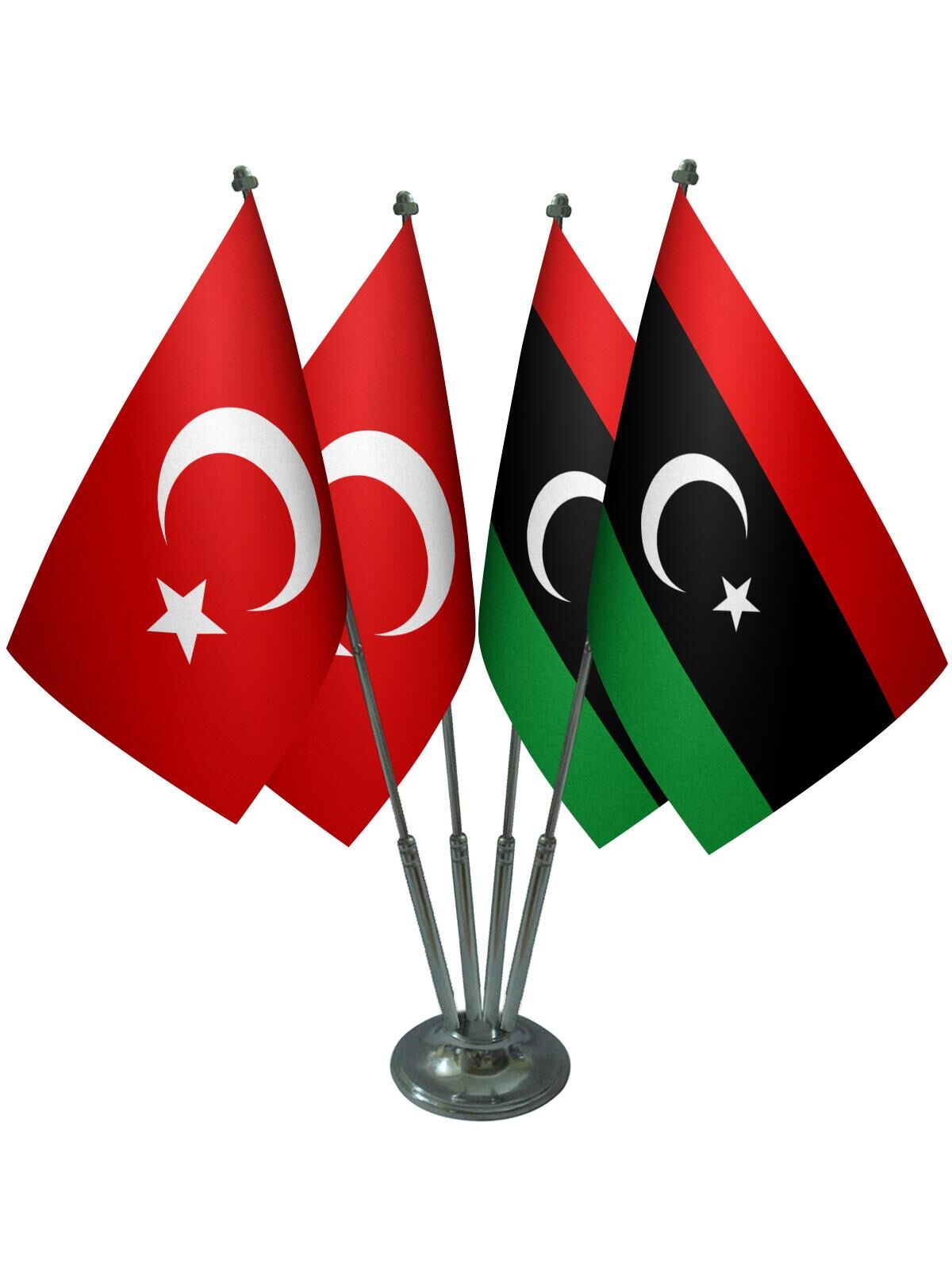 Masa Üstü Libya Bayrağı Türk Bayrağı Dörtlü Krom Direk Masa Bayrak Seti