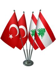 Masa Üstü Lübnan Bayrağı Türk Bayrağı Dörtlü Krom Direk Masa Bayrak Seti