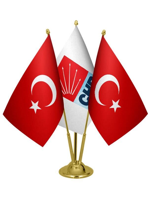 Masa Üstü CHP Bayrağı Türk Bayrağı Üçlü Pirinç Direk Masa Bayrak Seti