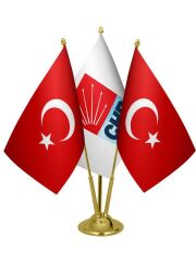 Masa Üstü CHP Bayrağı Türk Bayrağı Üçlü Pirinç Direk Masa Bayrak Seti