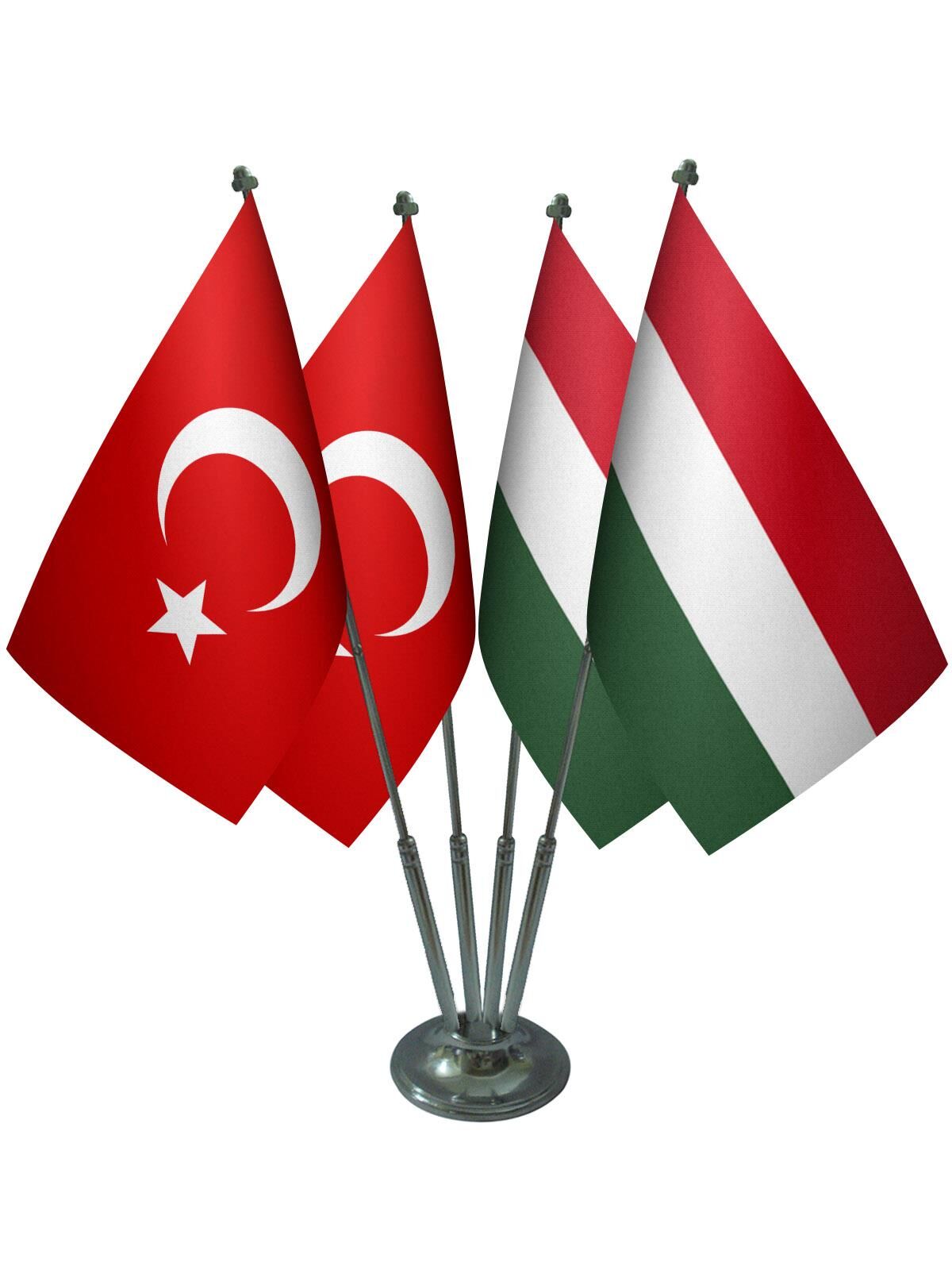 Masa Üstü Macaristan Bayrağı Türk Bayrağı Dörtlü Krom Direk Masa Bayrak Seti